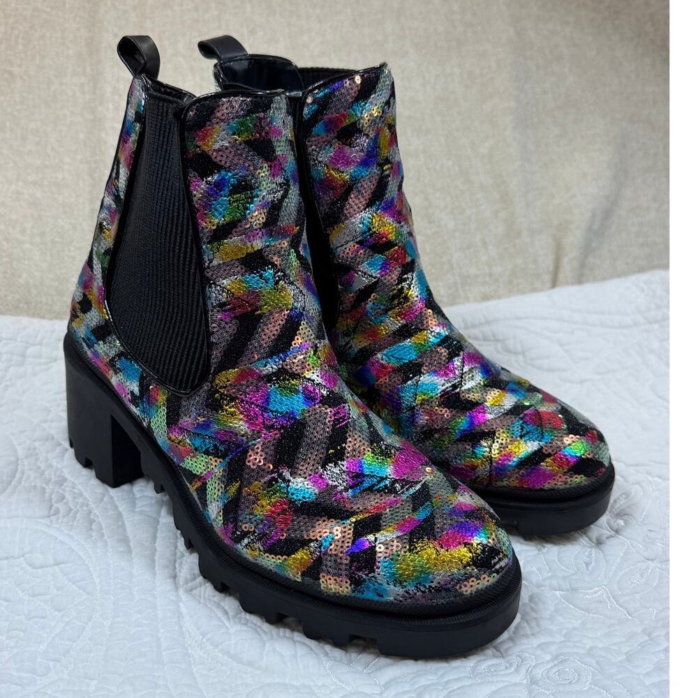 Betsey Johnson Women's 9 Pink Purple Rowann Sequin Chevron Combat Ankle Boots